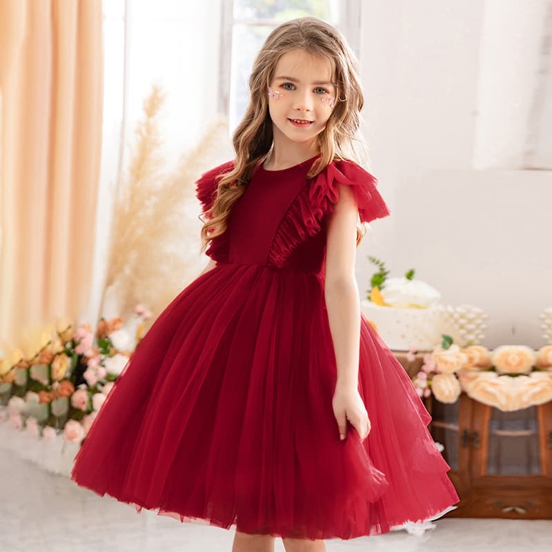 Girls' Solid Color Flutter Sleeve Princess Dress Flower Girl Performance Costume Tulle Wedding Dress Wholesale