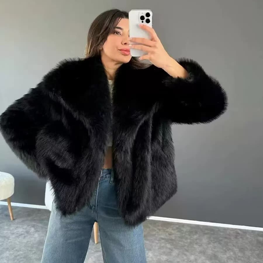 Cross-Border New Autumn/Winter Eco-Friendly Faux Fox Fur Coat for Women, Large Notch Collar, Plush Thick Fashion Overcoat