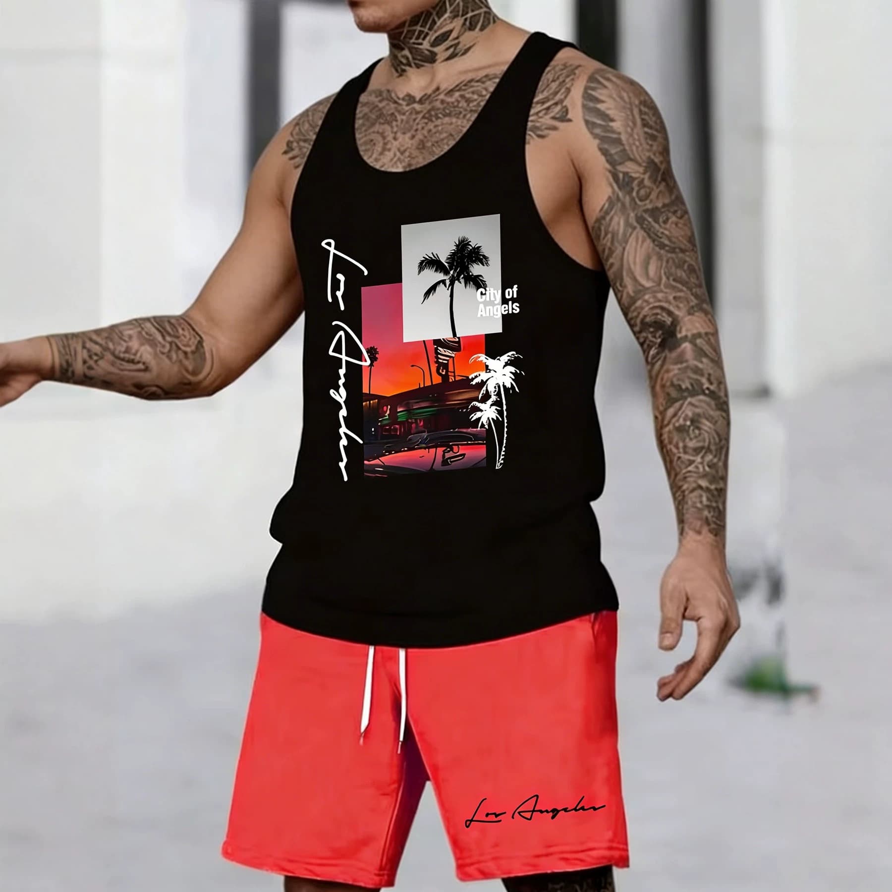 New City of Angels themed sleeveless sports suit, fashionable and versatile sleeveless vest two-piece set