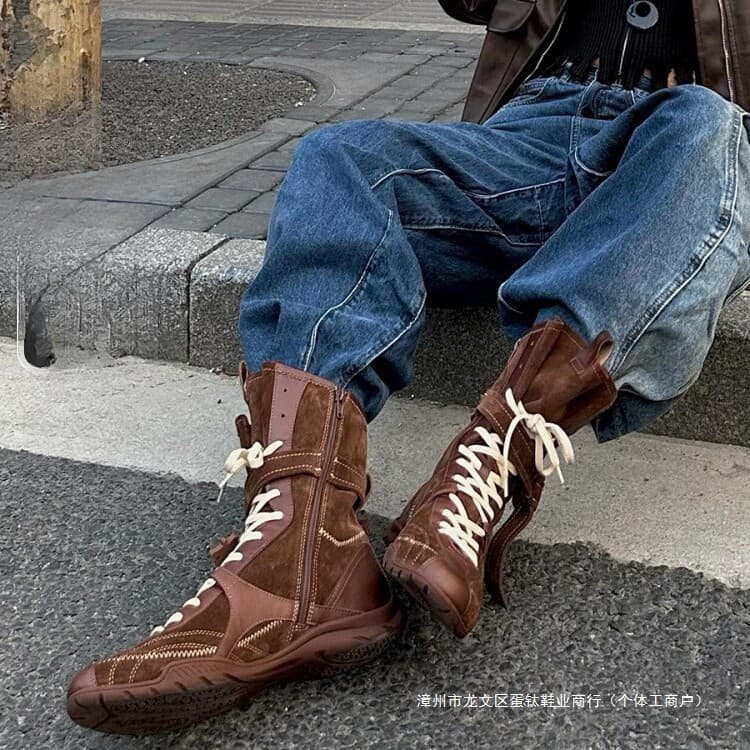 Putian Flagship Edition Maillard Genuine Leather Hunting Boots with Inner Height Increase Women's 2025 Autumn New Retro Ankle Boots Trend
