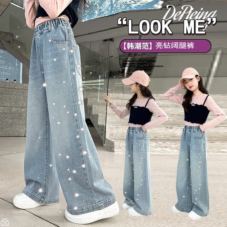 Girls Rhinestone Jeans Spring 2026 New Children Fashionable Wide Leg Pants for Older Kids
