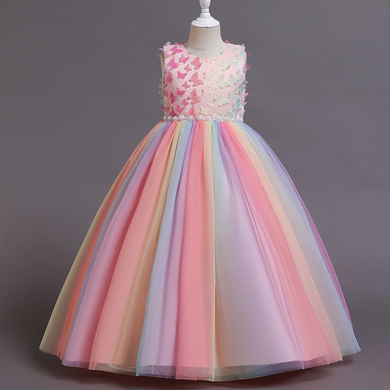 European and American Children's Princess Dress Gown Sleeveless Tulle Rainbow Skirt Girl Wedding Banquet Piano Performance Costume