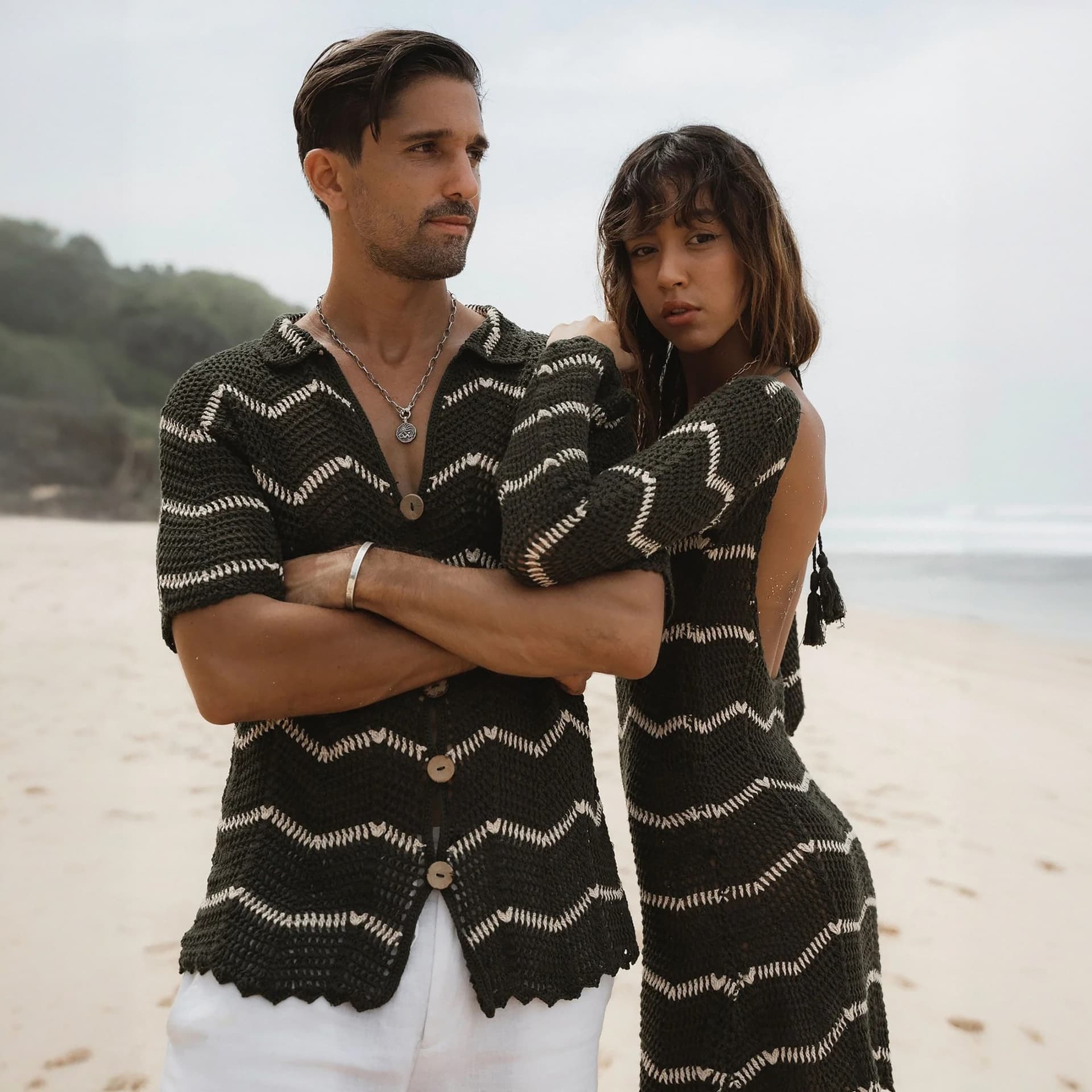 2025 New Arrival!! European and American Beach Couple Outfit Striped Knit Beach Cover-Up Couple Sun Protection Shirt