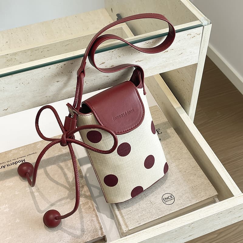 Canvas polka dot small bag for women 2026 new fashion bow mobile phone bag bucket bag summer casual crossbody bag