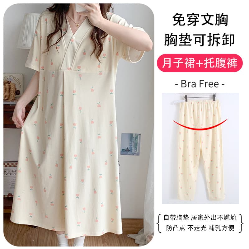 Cotton Maternity Sleep Dress with Built-in Pads, Mid-Length, Spring/Autumn, Summer Maternity Dress, Delivery Gown, Nursing Dress, Breastfeeding Dress