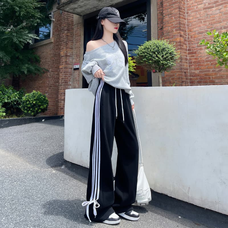 American Sweet and Spicy Style Tie Bow Sweatpants for Women, Spring and Autumn Retro High-Waist Draping Floor-Length Casual Striped Sweatpants