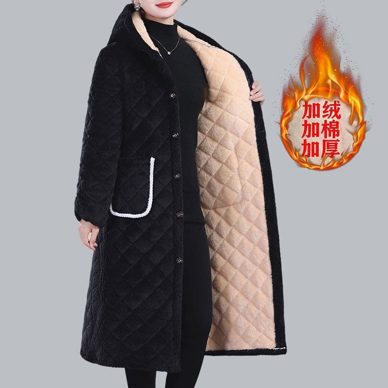Workwear Homewear Warm Cotton Jacket Winter Women Fleece-Lined Thickened Cotton Coat Casual Long Over-Knee Smock