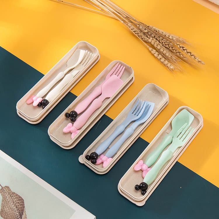 Cross-border Wheat Straw Portable Cutlery Set, Children's Cartoon Spoon and Fork Two-piece Set, Promotional Gift with Logo Printing