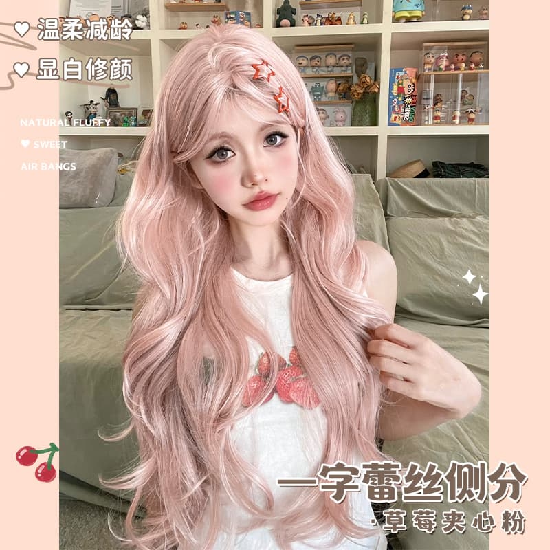 Zhan Yan Forehead Lace Front Wig for Women Long Hair Cute Lolita Realistic Scalp Soft Long Curly Pink Wig