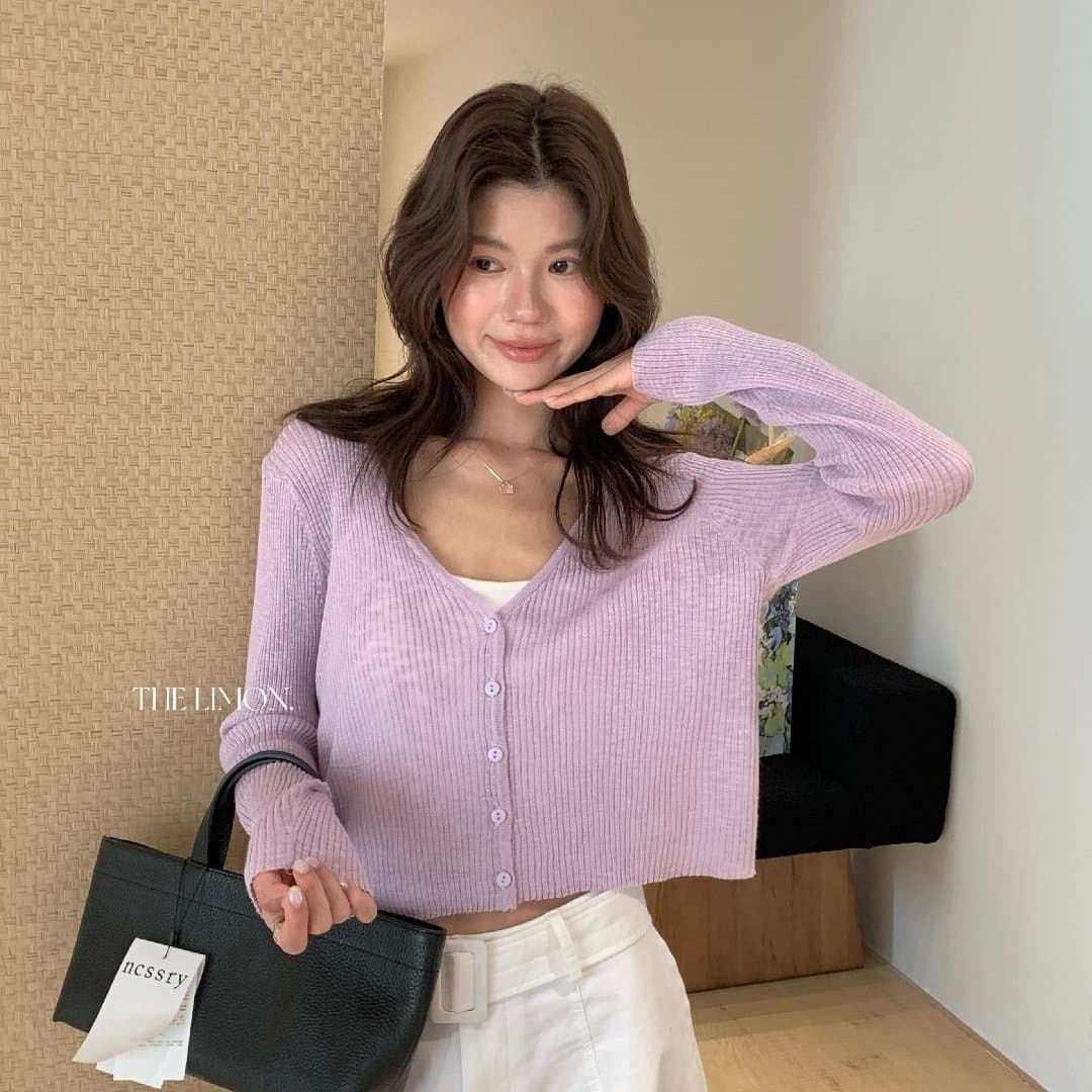 THE LEMON lemon green tea 2026 spring V-neck long-sleeved knitted cardigan women's thin sun protection outer sweater