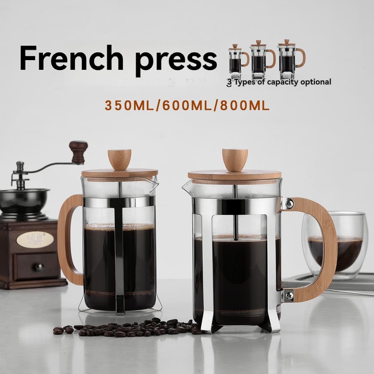 Wooden Handle Tea Infuser with Glass French Press, Press-Filter Coffee Maker, 350/600/800ML Capacity for Wholesale