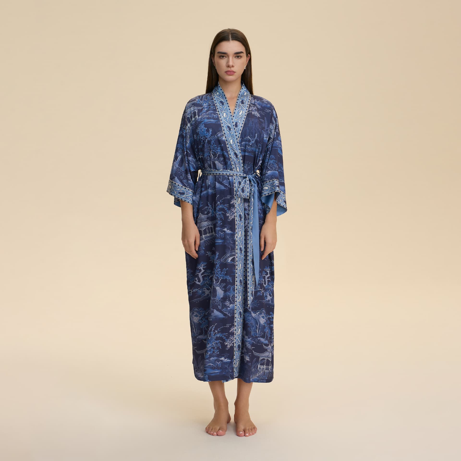 Women's Long Sleeve Robe, Loose and Comfortable Kimono Pajamas, Printed Homewear Bathrobe for Cross-Border European and American Markets