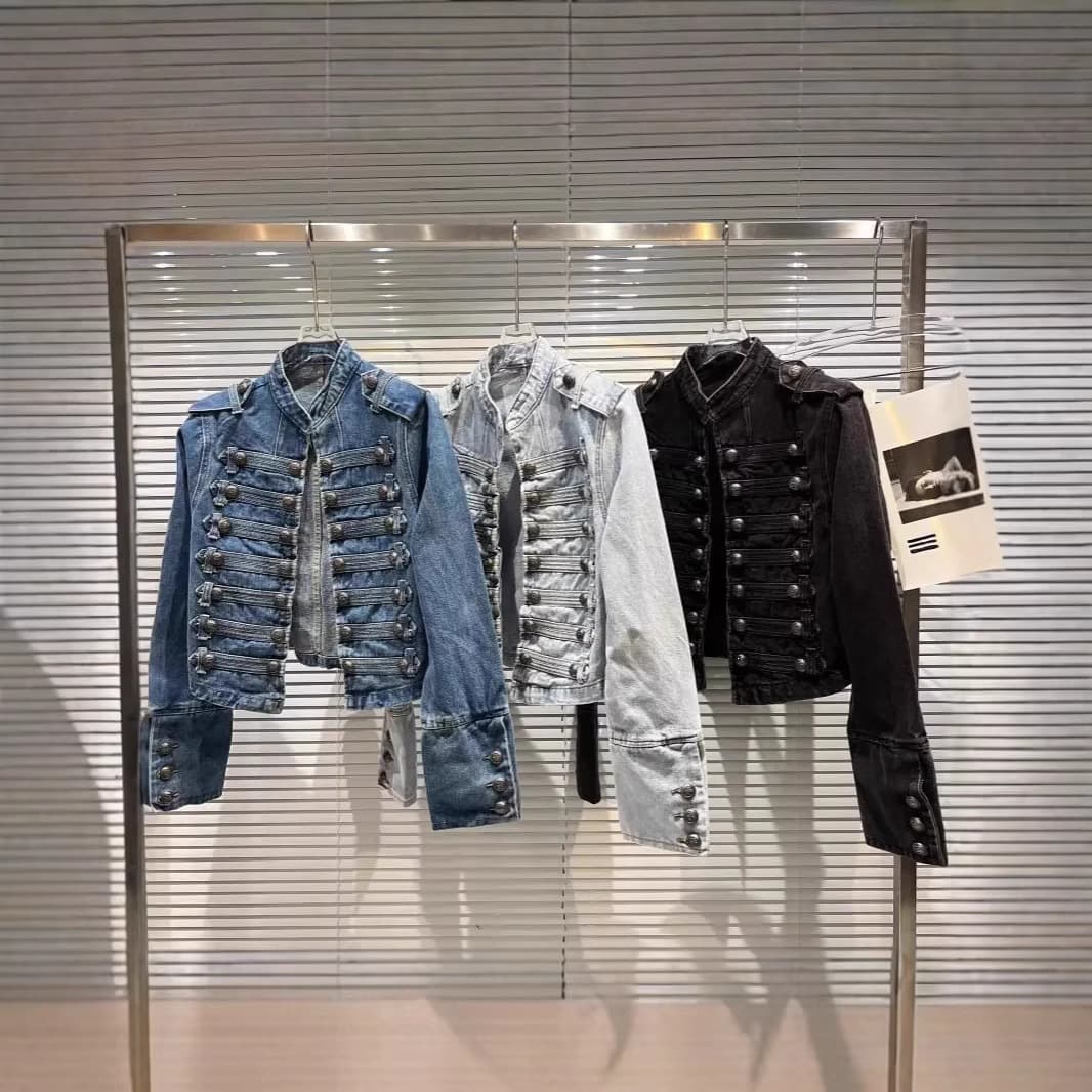 Cross-Border Heavy Industry Motorcycle Short Jacket for Women, New Spring/Autumn/Winter Slim Fit Stand Collar Long Sleeve Denim Coat Top