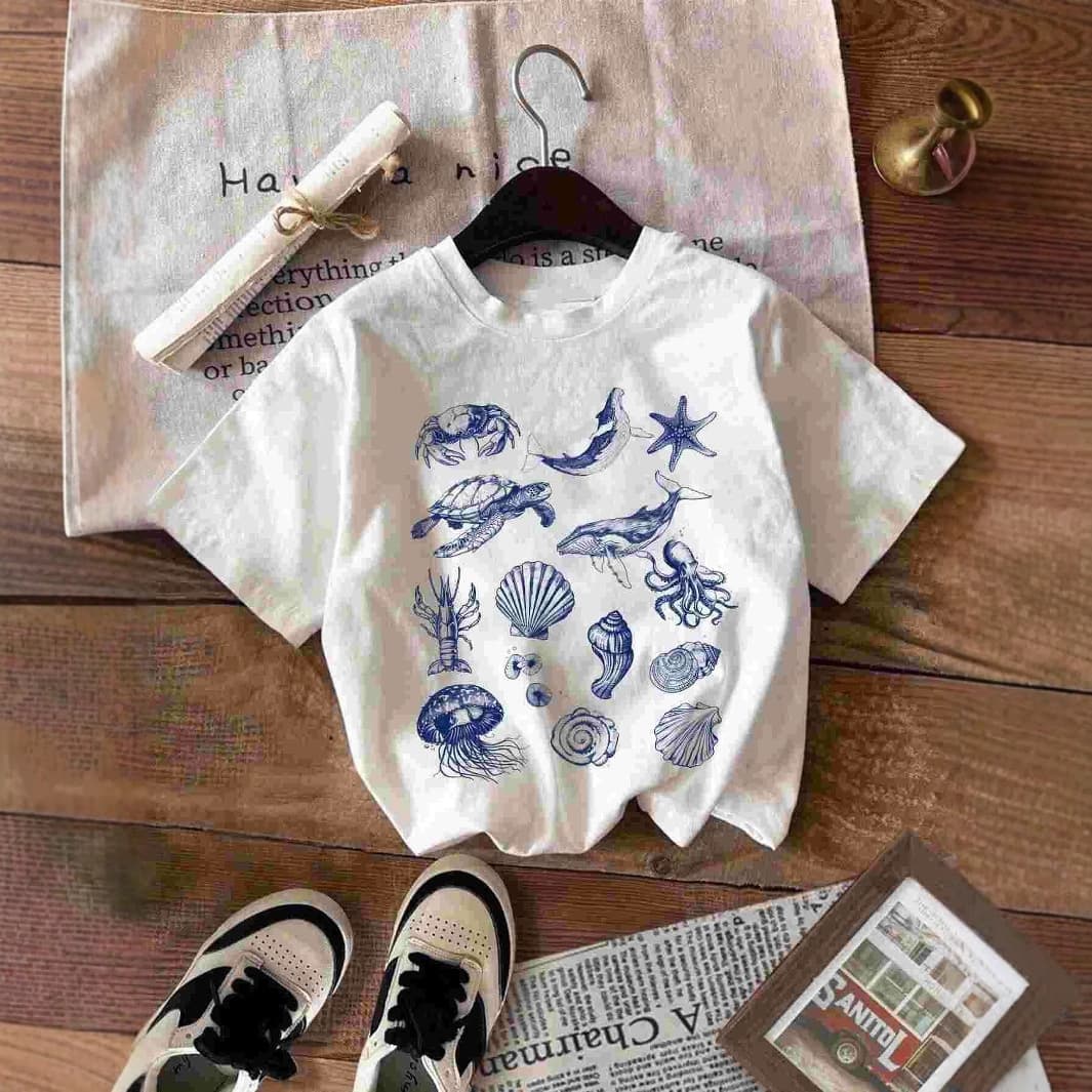 Cross-border EU/US Temu Hot Selling Marine Life Pattern Printed Casual Loose Short Sleeve T-Shirt Summer Top