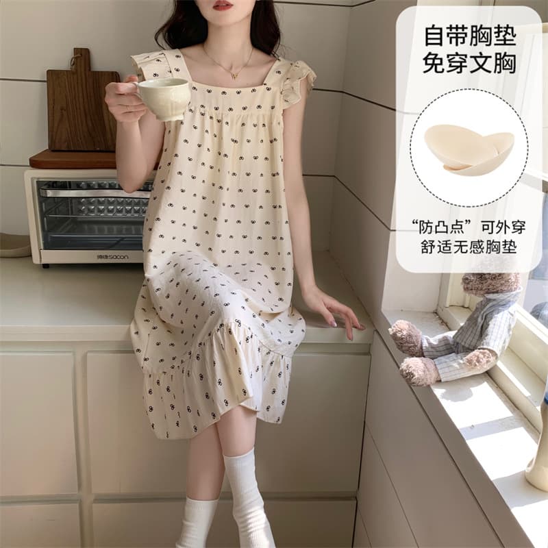 2025 Summer New Cross-Border Hot Sale [With Padded] Sleep Dress Cloud Cotton Pajamas Short Sleeve Dress Casual Wear Outdoors