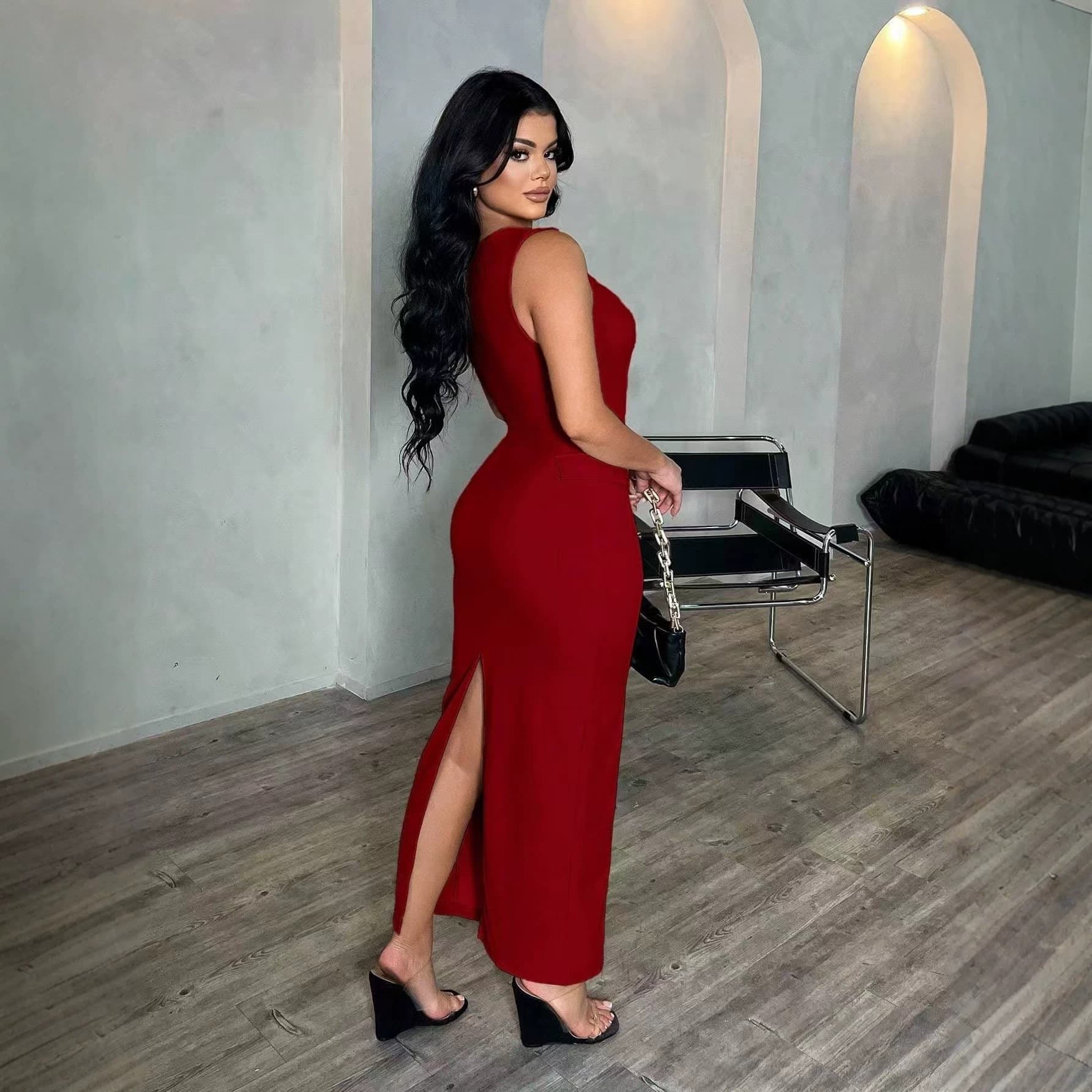 2026 European and American Cross-Border New Women's Long Dress Slim Fit Sexy Solid Color Cross Strap High Elastic Long Dress
