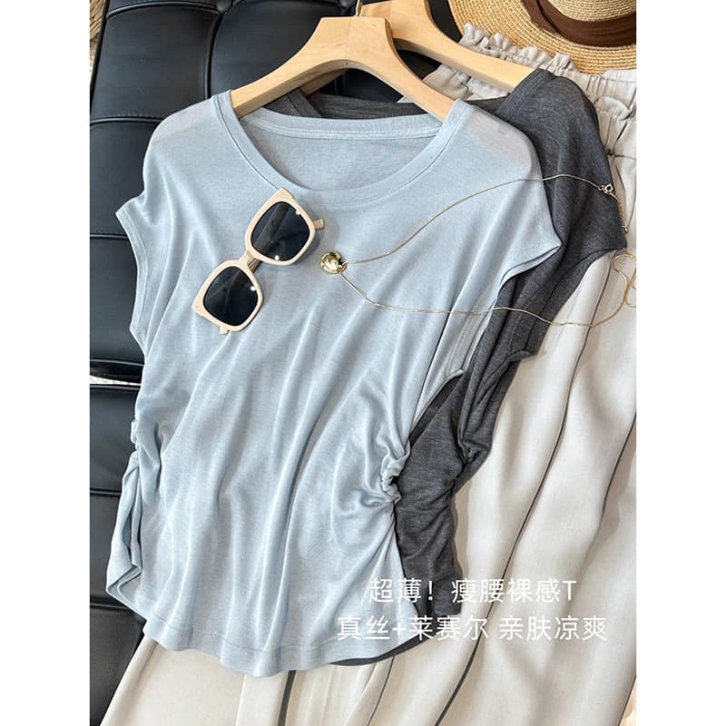 Ultra-thin! Slim Waist Bare-feel T~Silk Lyocell Shirred Waist Slimming Cropped T-shirt Round Neck Short Sleeve Women's Summer New
