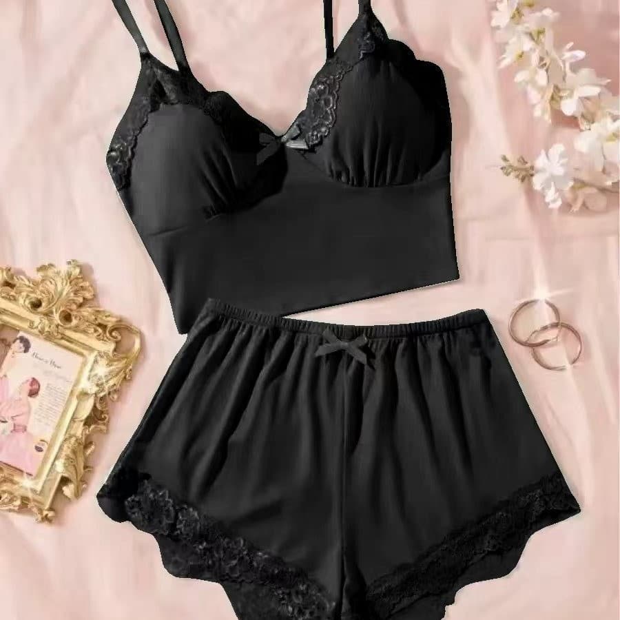 2025 New Style Cross-Border Home Sleepwear Camisole Shorts Set Solid Color with Padded Bra