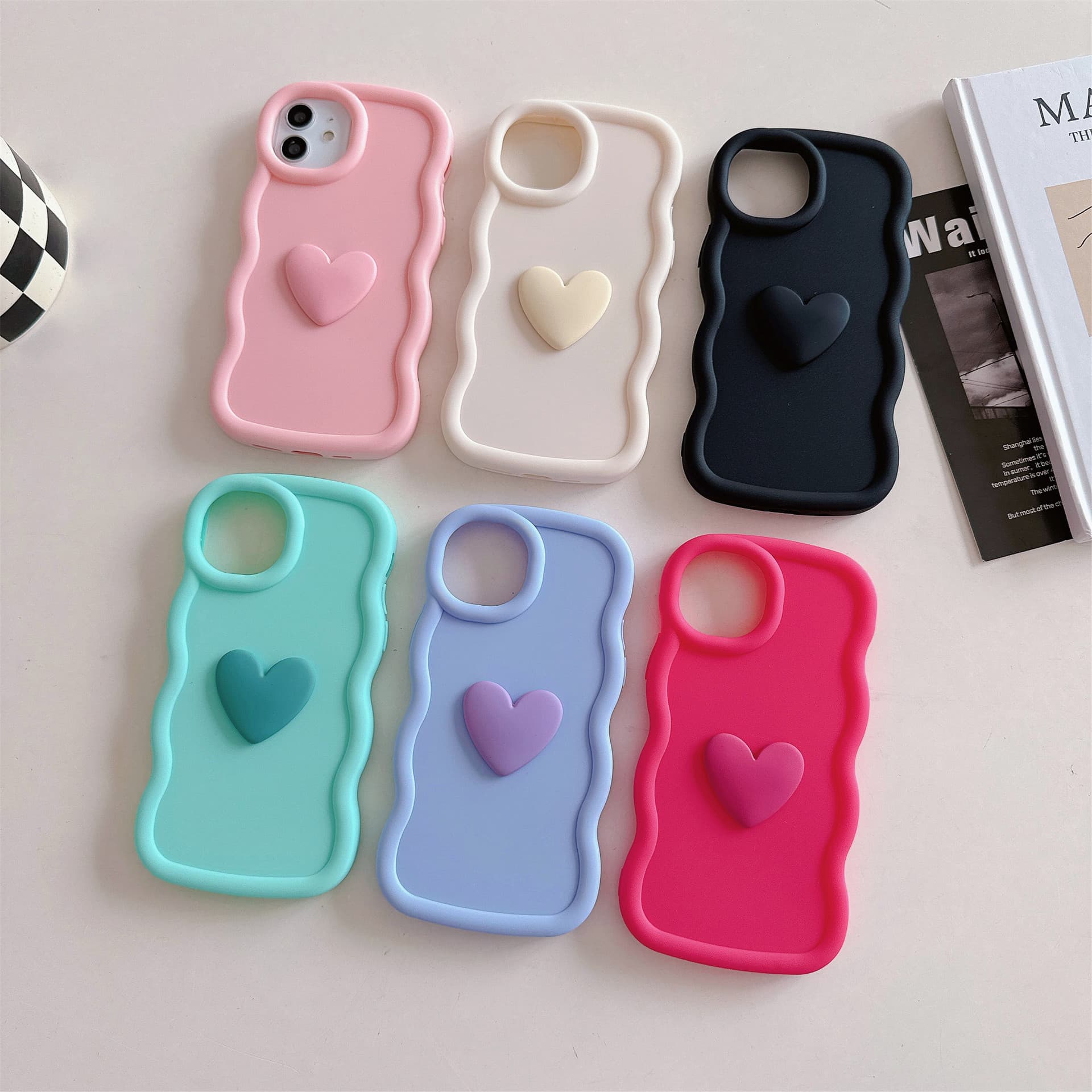Wave Macaron Large Heart Compatible with Apple 16 Pro Max Phone Case 15 Pro Solid Color Shockproof 14 Protective Cover