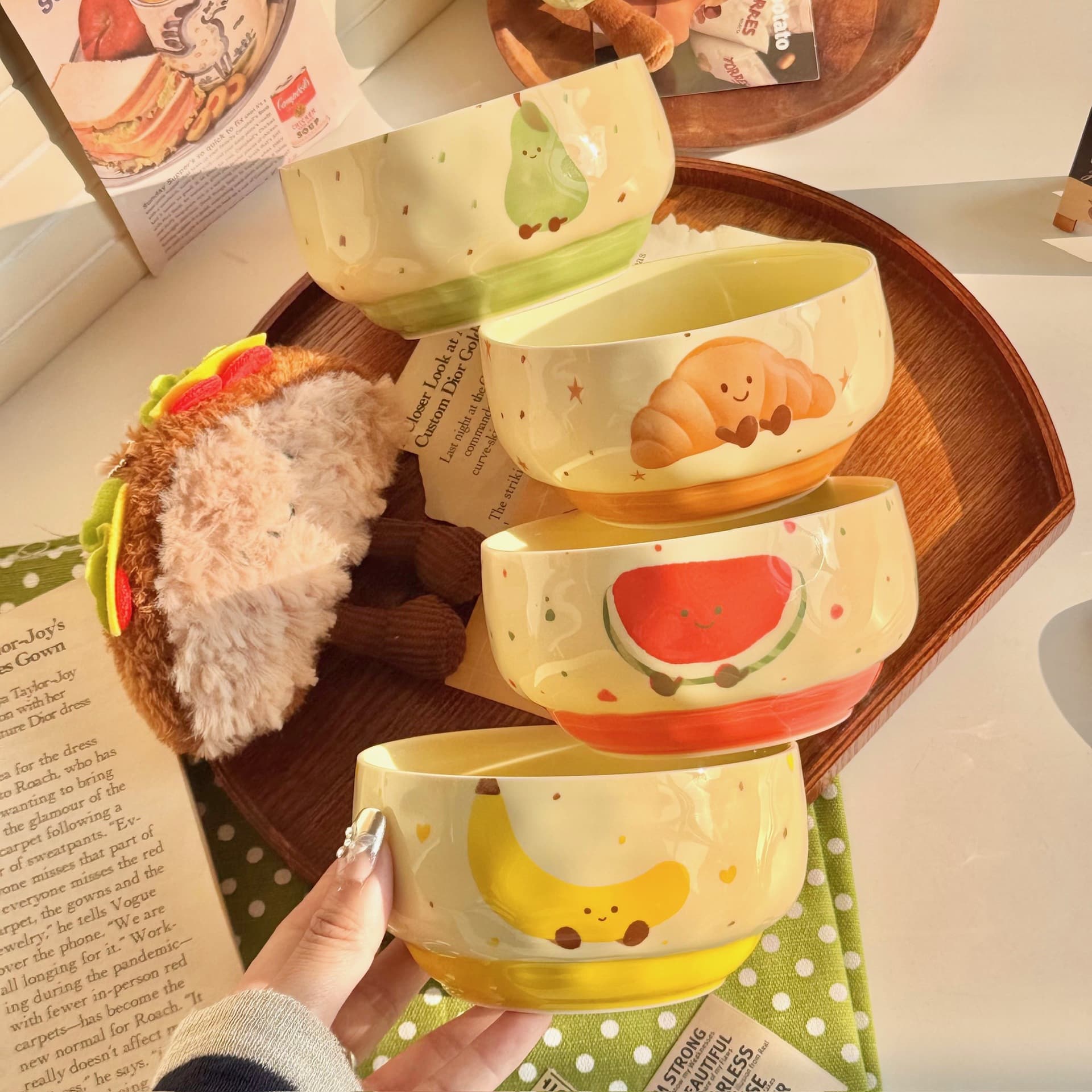 Fruit Croissant Cute Girl Heart Underglaze Ceramic Tableware Set for Dormitory and Home Use, Microwave Safe