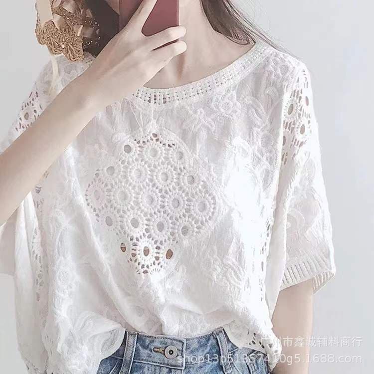 Summer Large Size Women's Loose Short Sun Protection Shawl, Pullover, Seven-point Sleeve, Hollow-out Embroidered Knitted Blouse
