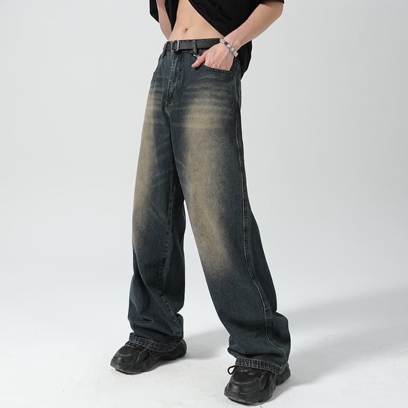 Vintage Washed Denim Jeans for Men, Ins Streetwear Japanese Loose Fit Dad Pants, High Street Versatile Wide Straight Leg Trousers