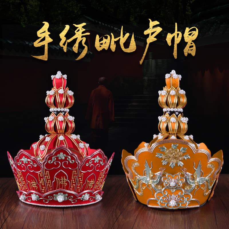 Shangyuan Pure Handmade Embroidered Suzhou-style Vairocana Crown, High-end Master's Hat for Dharma Assemblies, Five-Buddha Crown with Gold-wrapped Double Phoenixes