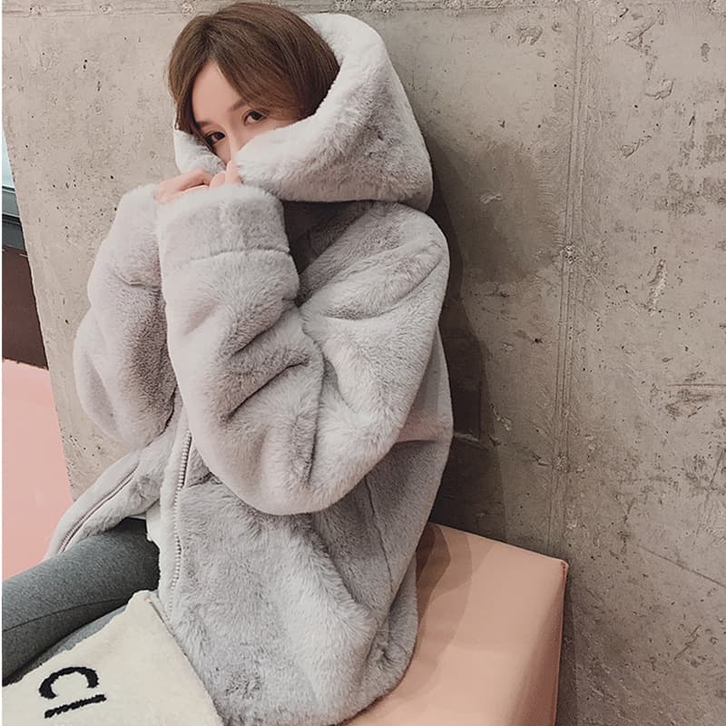2025 New Style Autumn/Winter Loose Lazy Hooded Lamb Fleece Lined Thick Imitation Fur Plush Coat