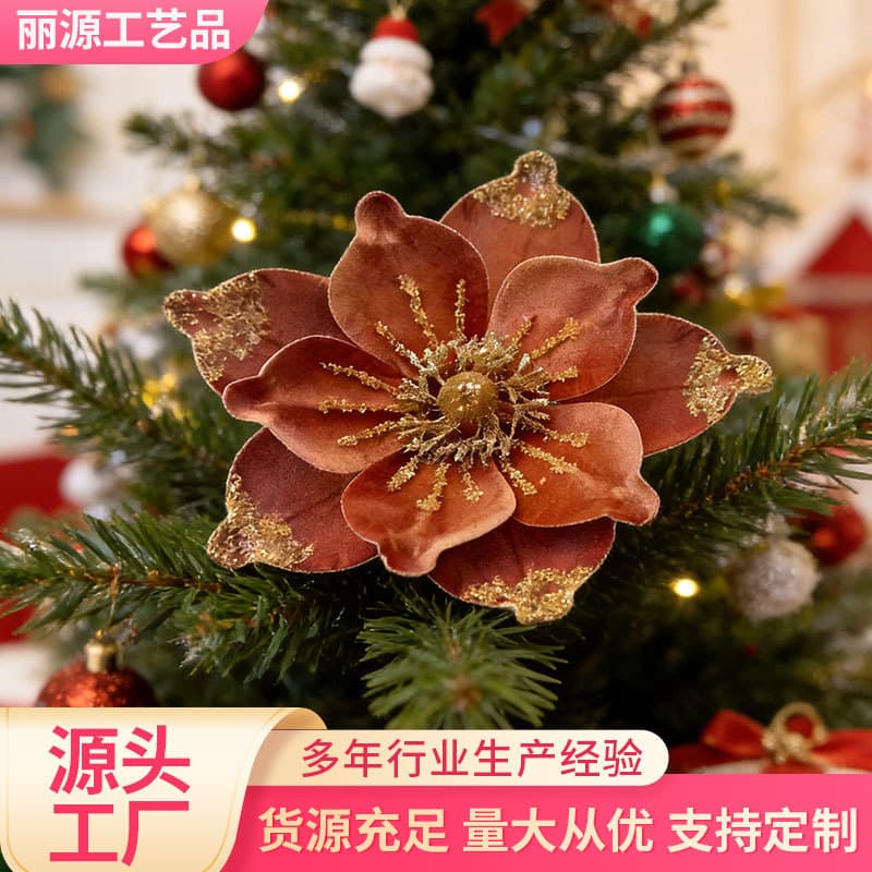 Luxury Flocked Glitter Christmas Flower Magnolia Christmas Decoration Fabric Flower Insert Christmas Tree Decoration Craft Flower