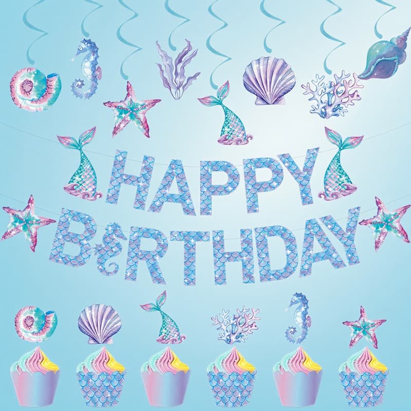 New Mermaid Birthday Party Decoration Set Birthday Banner Ocean Theme Spiral Hanging Cake Topper