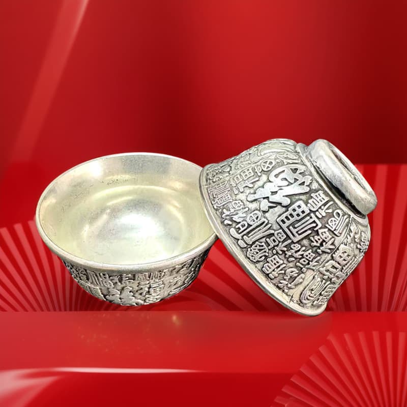 Antique Bronze Old Silver Hundred Blessings Hundred Longevity Dragon Phoenix Wine Cup Antique Style White Copper Tea Cup Home Decoration Silver Plated