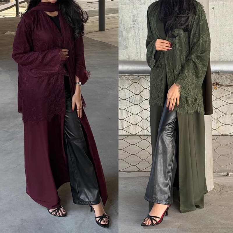 MQ281 Modest Fashion Cross-Border Ecommerce Best-Selling Lace Patchwork Solid Color Single Jacket Cardigan Without Hijab