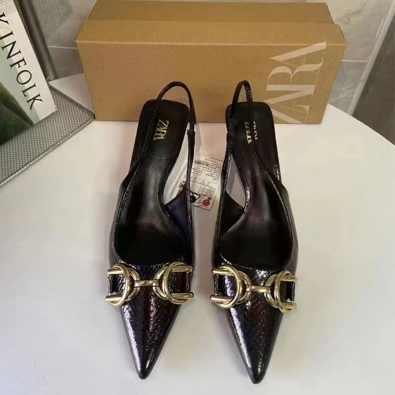 ZA2025 Summer Women's Shoes Pointed Toe Decorative Detail Open Back High Heel Closed Toe Sandals Shallow Mouth Casual Stiletto Mules