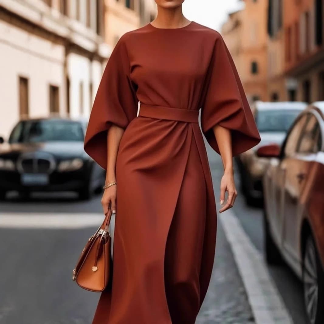 European and American 2025 Women's Casual Fashion Pullover Elegant Solid Color Belted Waist Bat Sleeve Long Skirt Dress