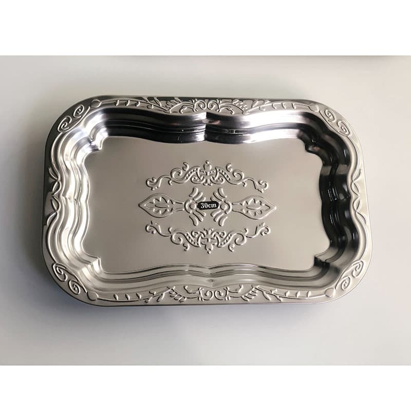 Stainless Steel Rectangular Tray with Embossed Design, Export Metal Fruit Plate for Dry Fruit and Cake Serving