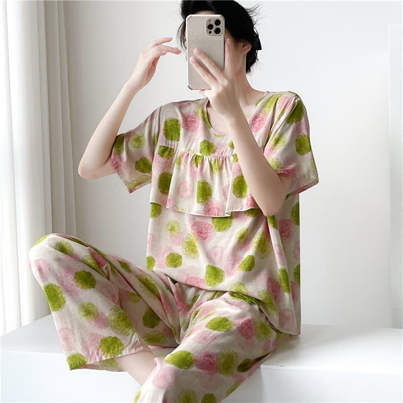 Women's Anti-Nipple Pajamas, Summer Thin Cotton Silk Short Sleeve Long Pants Plus Size Set, Cooling Silk Loungewear Without Pads