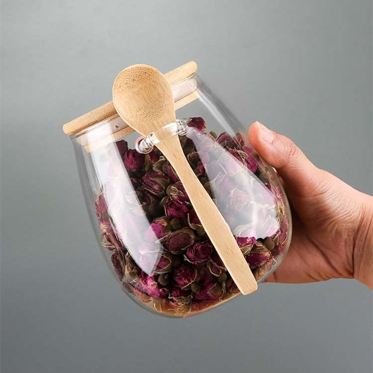 High Borosilicate Glass Tea Canister with Spoon, Bamboo Lid Sealed Container for Herbal Tea, Transparent Household Storage Jar