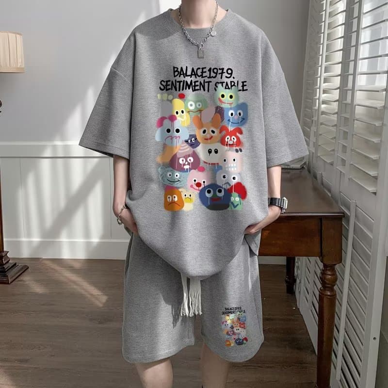 Waffle Weave Set Super Plus Size Clothing for 300 Jin Wearable Street Art Graffiti Short Sleeve T-Shirt and Shorts Two-Piece Set