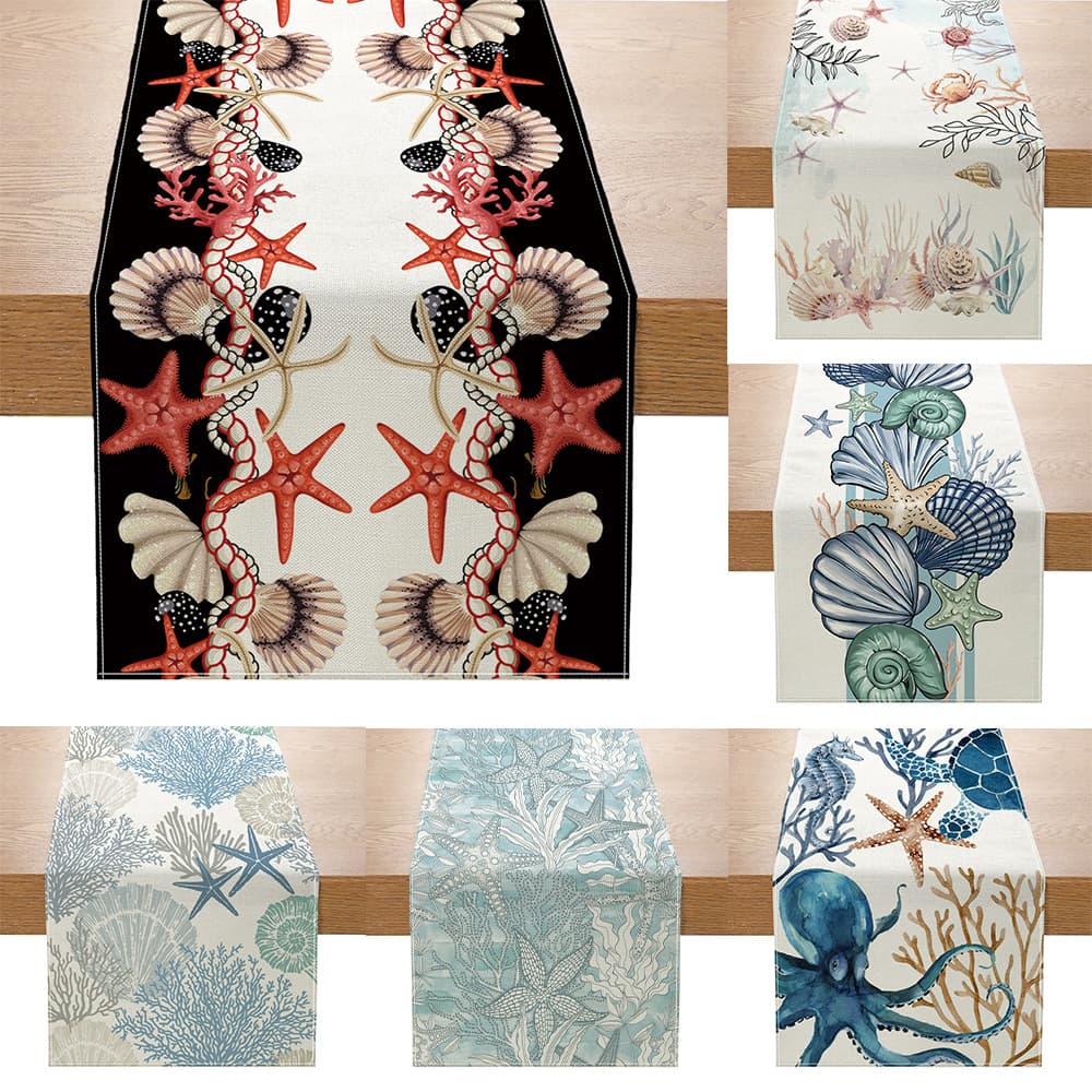 New Cross-Border Summer Marine Life Print Table Runner Polyester Printed Dining Table Decoration Small Tablecloth Wholesale Amazon