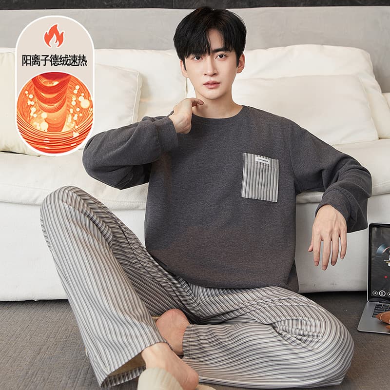 Silk Wool DeRong Men's Pajamas Autumn Winter Long Sleeve Set Youth Heat Retention Warm Round Neck Casual Homewear