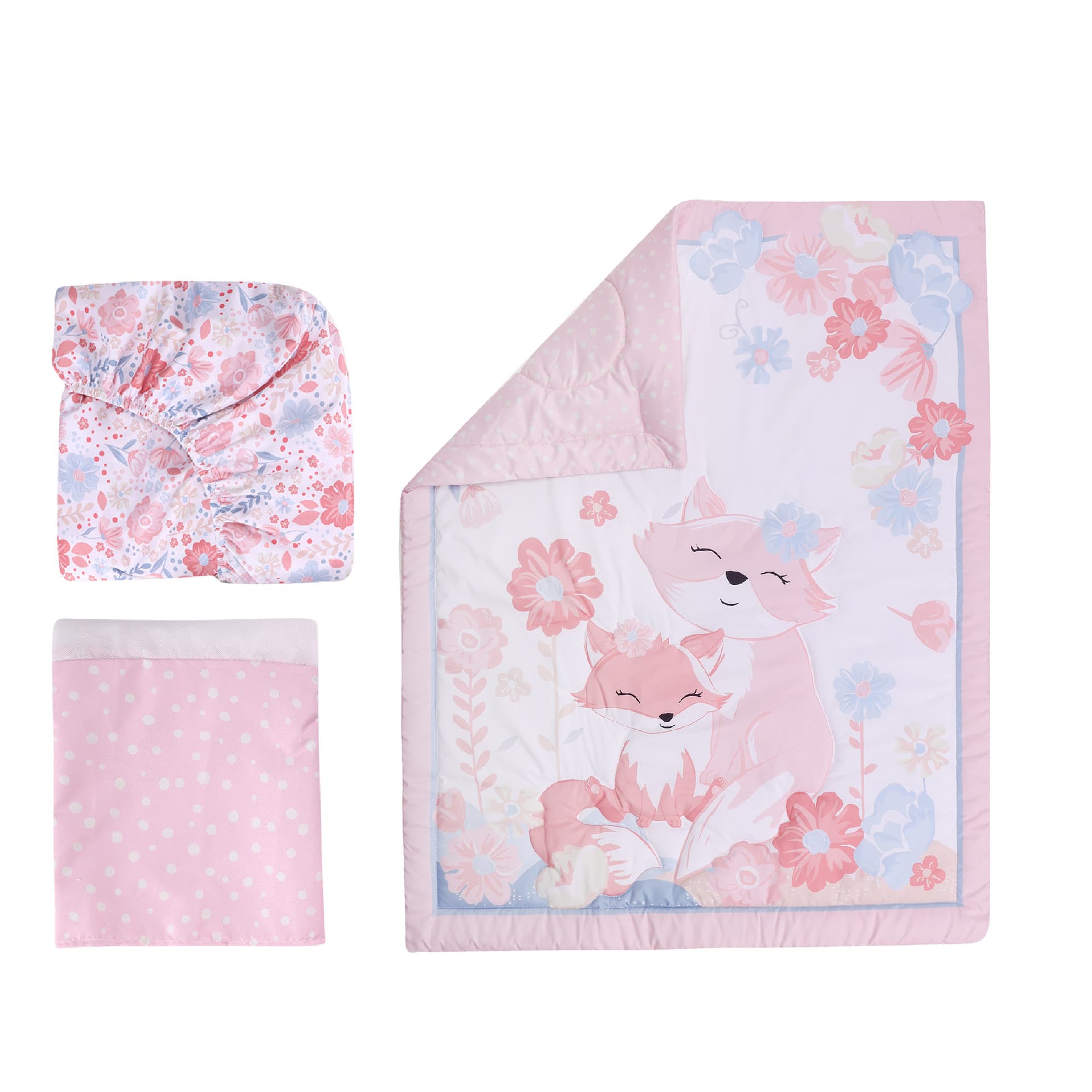Newborn baby bedding set, including fitted sheet, sheet, and skirt (three-piece set).