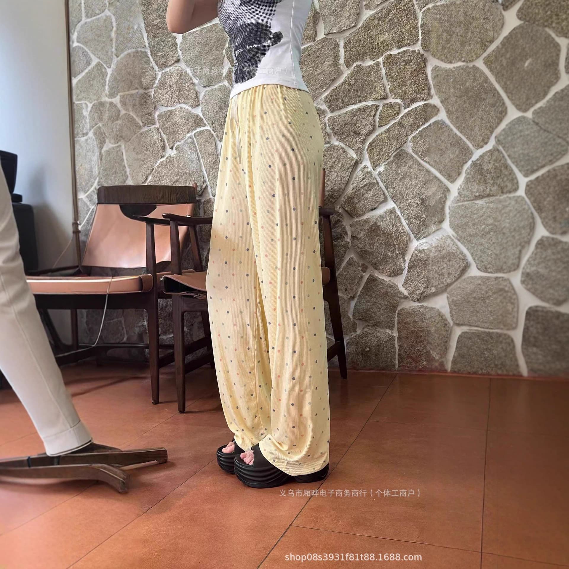 Summer Yellow Polka Dot Casual Pants Women Summer Thin Printed Loose Wide Leg Pants Draped Straight Long Pants Versatile Pants