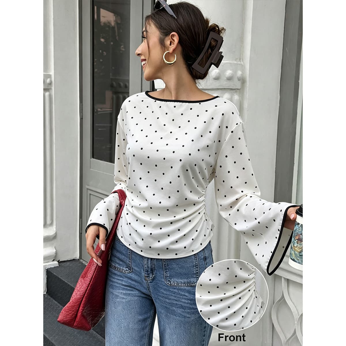 European and American style one-piece neckline, black and white polka dots, contrasting edged trumpet sleeves, back strapped waist long-sleeved top for women