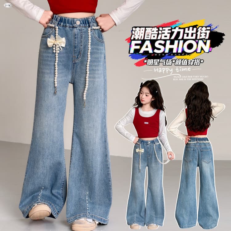 Girls Pearl Jeans 2026 Spring and Autumn New Children's Versatile Trousers Little Girls Korean Casual Straight Pants