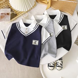 Summer Kids' Polo Shirt, Korean School Style, Fake Two-Layer Short-Sleeve T-Shirt, Turn-Down Collar, Boys' and Girls' Top