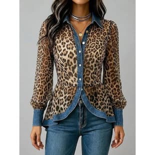 2026 European and American Cross-Border Women's Top Trendy Lapel Casual Fashion Patchwork Denim Top Leopard Print Single-Breasted Button Shirt for Women