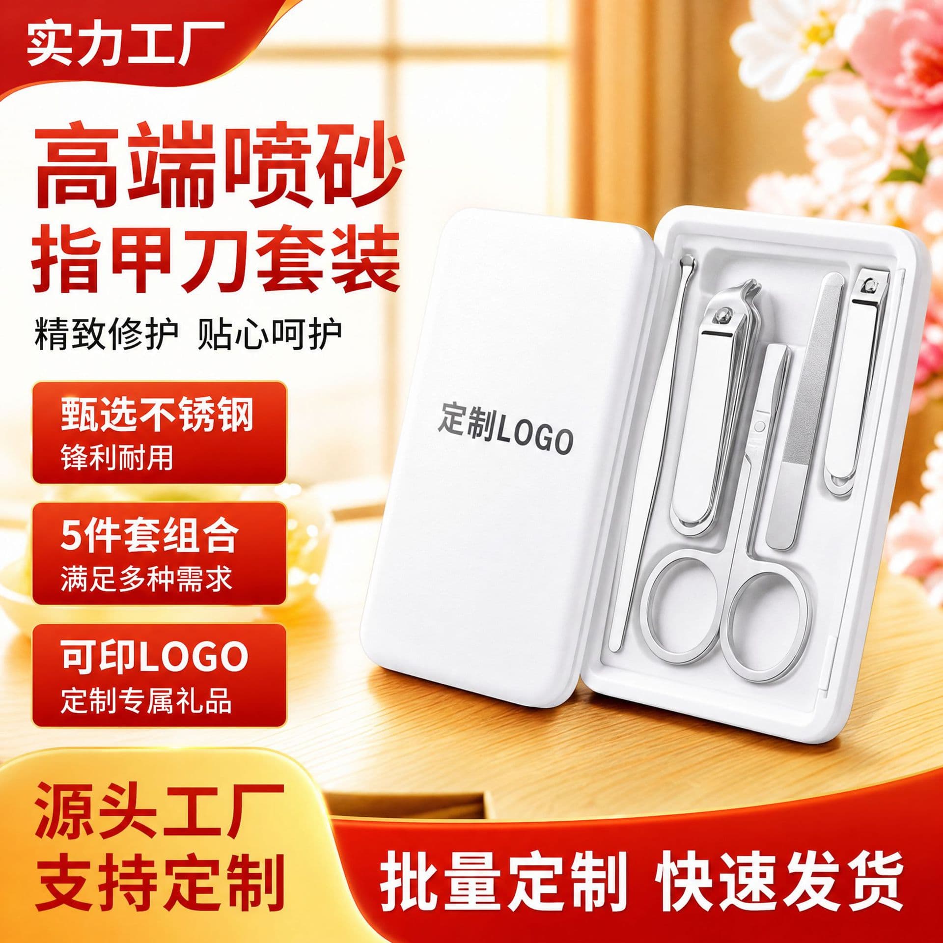 Customized high-end sandblasting nail clipper five-piece set stainless steel manicure scissors nail clipper beauty manicure set box customization