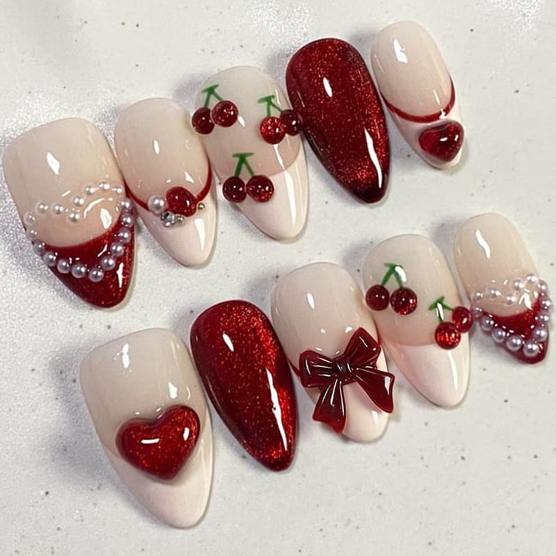 30 pieces of cross-border hot-selling three-dimensional wearable nails cat's eye red pearl love bow high quality handmade wearable nails