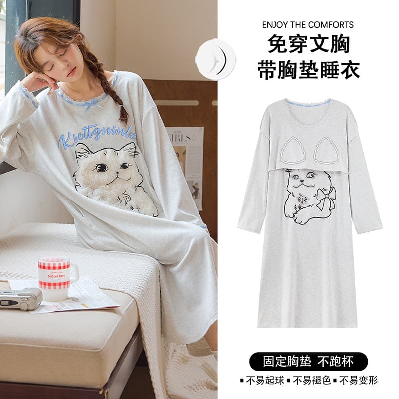 Women's Cotton Nightgown, Spring Autumn Built-in Bra One-Piece Long Sleeve Sweet Cute Plus Size Mid-Length Homewear, Wearable Outside