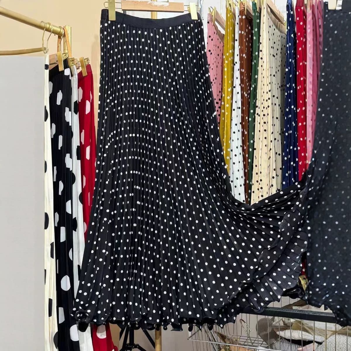 Multicolor Summer Korean & Japanese New Chiffon Fashion High-Waist Slimming Pleated Polka Dot Midi Skirt for Women